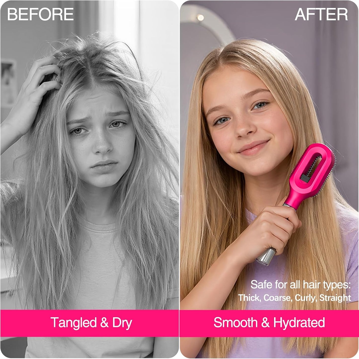 Hot Pink Hair Brush - Fine Mist Detangling Tool for Curly Thick Hair | Cute Wet & Dry Styling Accessory