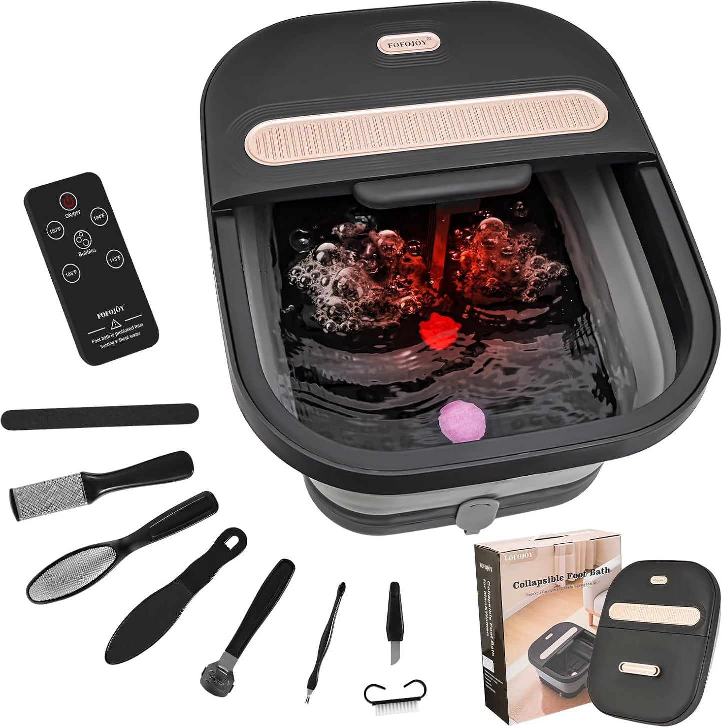 Collapsible Foot Spa Bath - Heated Massager with Bubble Jets | Remote Control & Pumice Stone for Relaxation