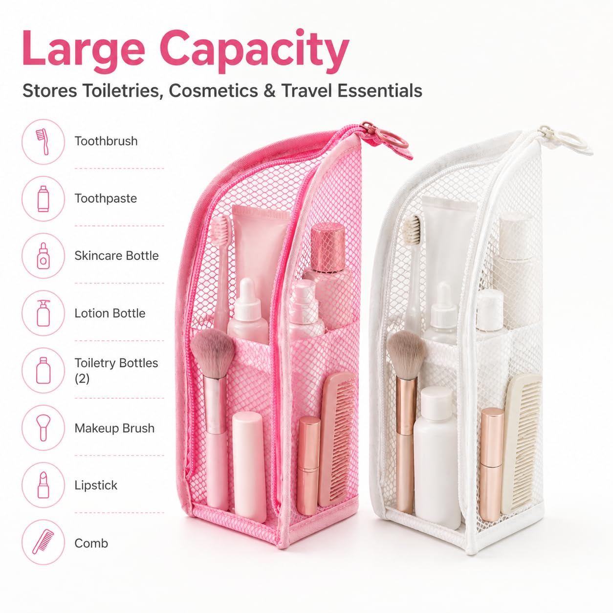 WeUNkey 2 Pcs Standing Toiletry Bag, Portable Lightweight Travel Toiletry Bag, Upright Mesh Organizer Bag Cosmetic Zipper Pouch for Travel, Waterproof Stand Up Toiletry Storage Bag