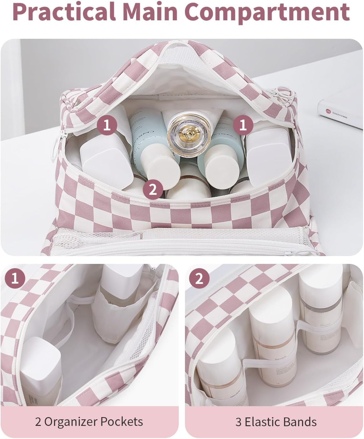 Small Hanging Travel Toiletry Bag - Checkered Makeup Organizer for Women | Dusty Pink Checkerboard