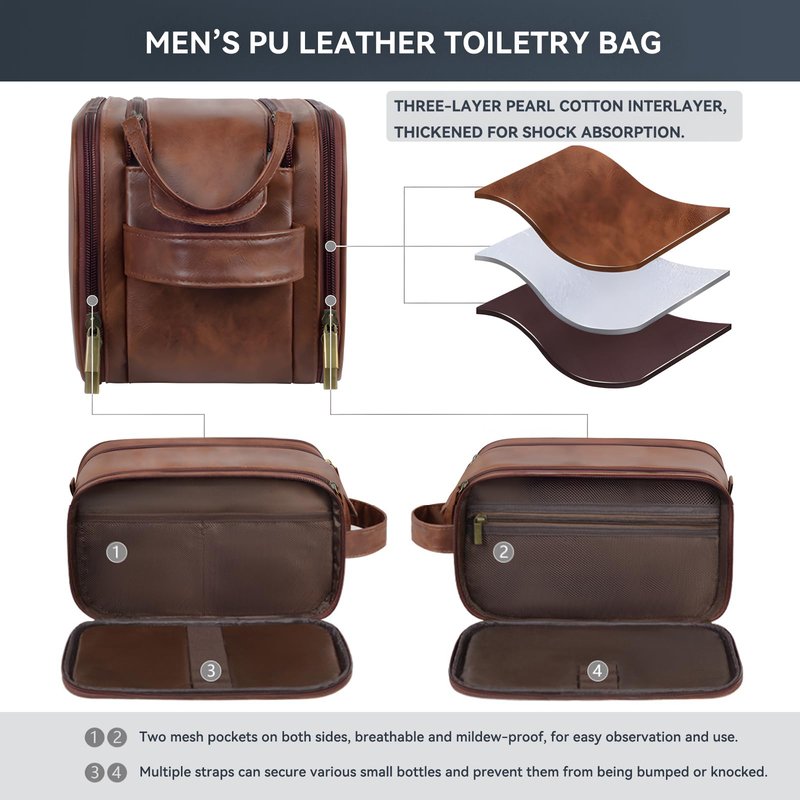 Travel Toiletry Bag for Men, Shaving Dopp Kit Water-resistant Bathroom Small Toiletries Organizer PU Leather Cosmetic Bags,Men's Shaving Grooming Kit,Gifts for Father, Dad, Boyfriend, Grandpa