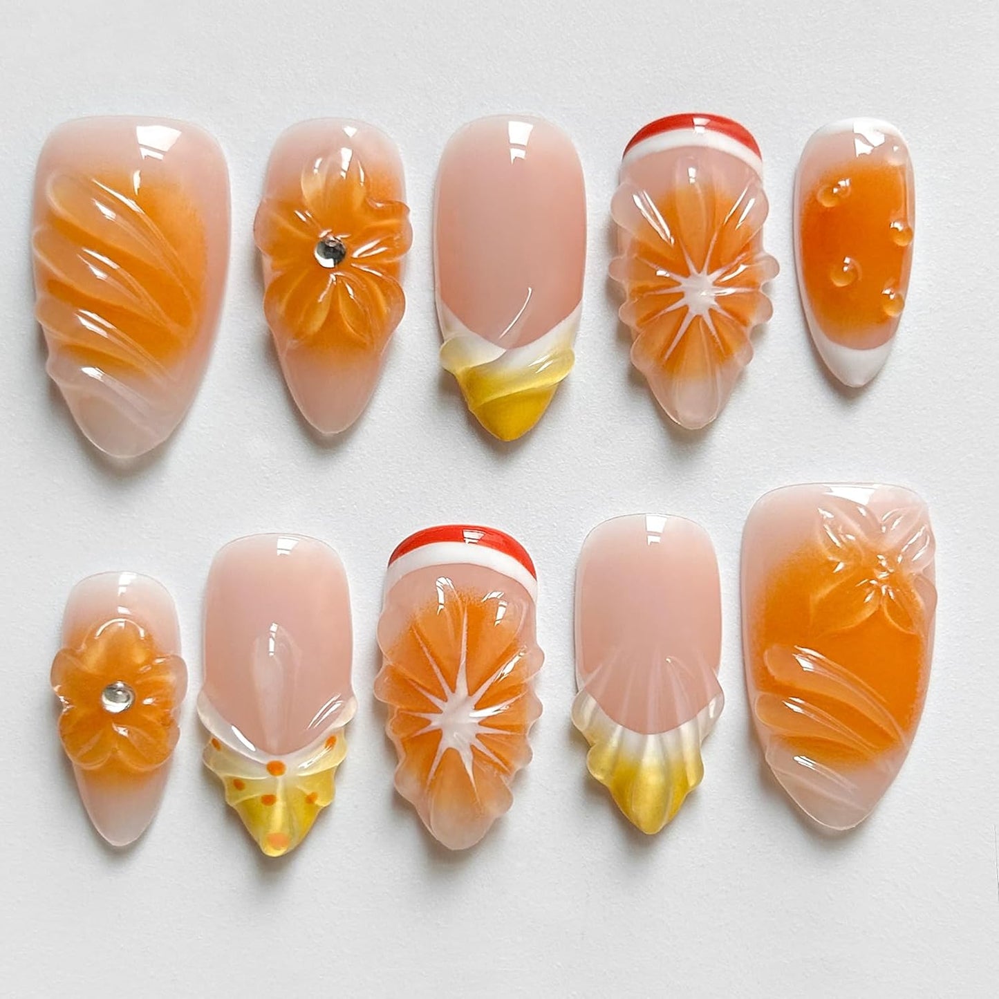 Press On Almond Nails - Handmade 3D Design, Thick Acrylic Gel | Reusable DIY Artificial Nails for Women (10 Pieces)