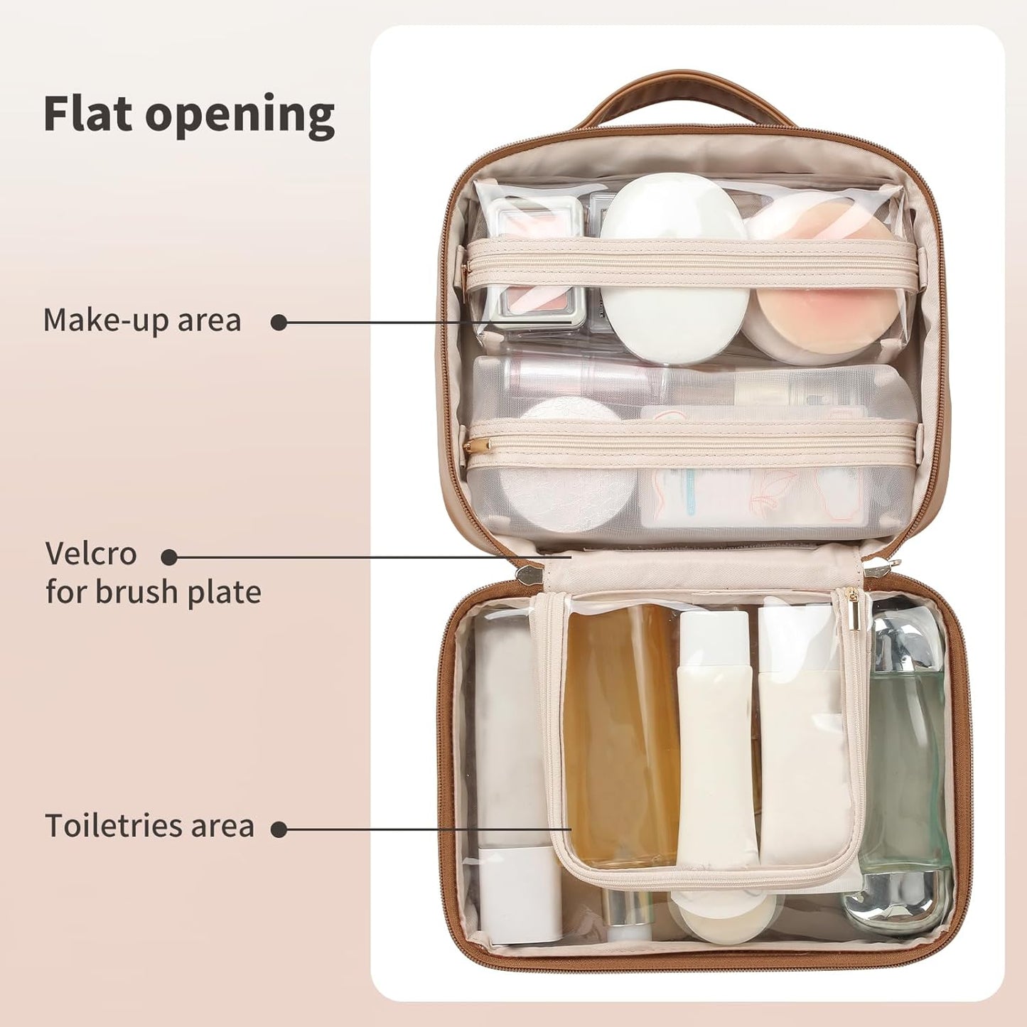 Travel Toiletry Bag for Women - Waterproof Makeup Organizer with Compartments | Portable Cosmetic Case in Brown