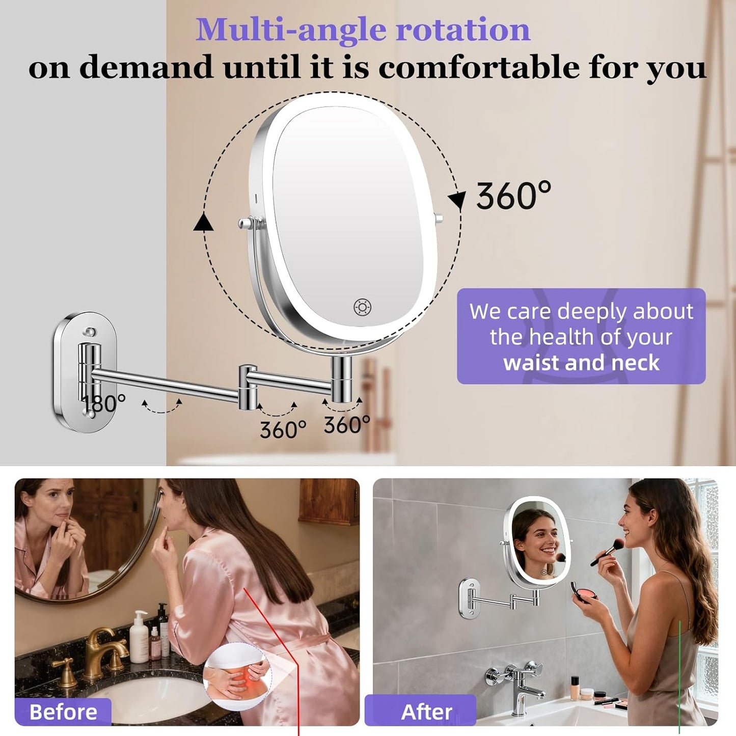 FUNTACH 30X/1X Wall Mounted Lighted Makeup Mirror - Rechargeable Double-Sided Magnifying Design | 3 Color Modes, 360° Rotation