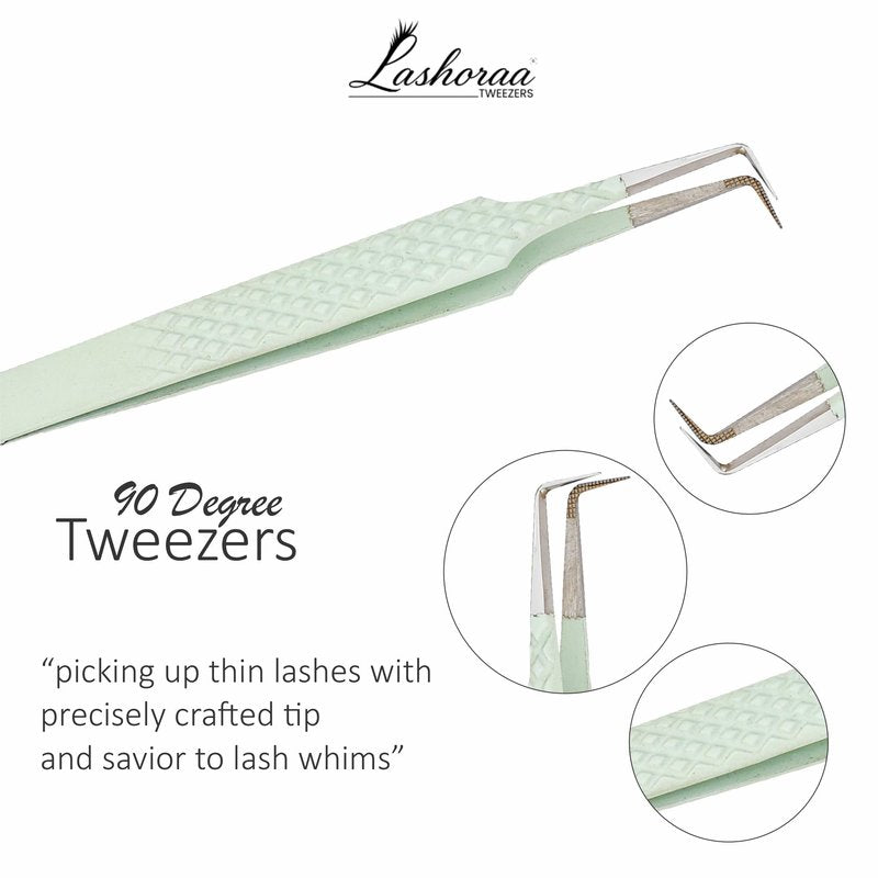 LASHORAA Lash Tweezers Set for Eyelash Extensions - 3 Piece Precision Fiber Tip Diamond Grip, Volume, L-Shape Boot, 90 Degree Tweezers - Includes Leather Case for Classic Lashes & Premade Fans