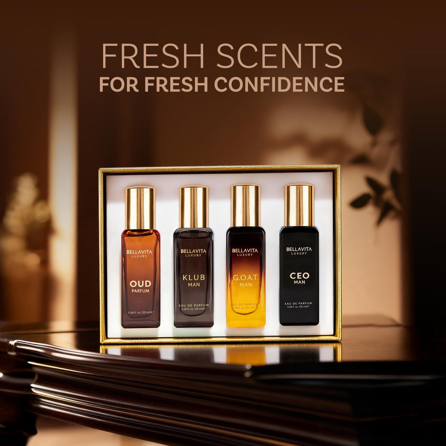 BellaVita Luxury Men's Perfume Gift Set with CEO Man, G.O.A.T., KLUB & OUD | 4 x 20ml (80ml) | Long Lasting Perfume for Men | Citrus, Woody, Patchouli & Caramel Notes | Gift for Father's Day