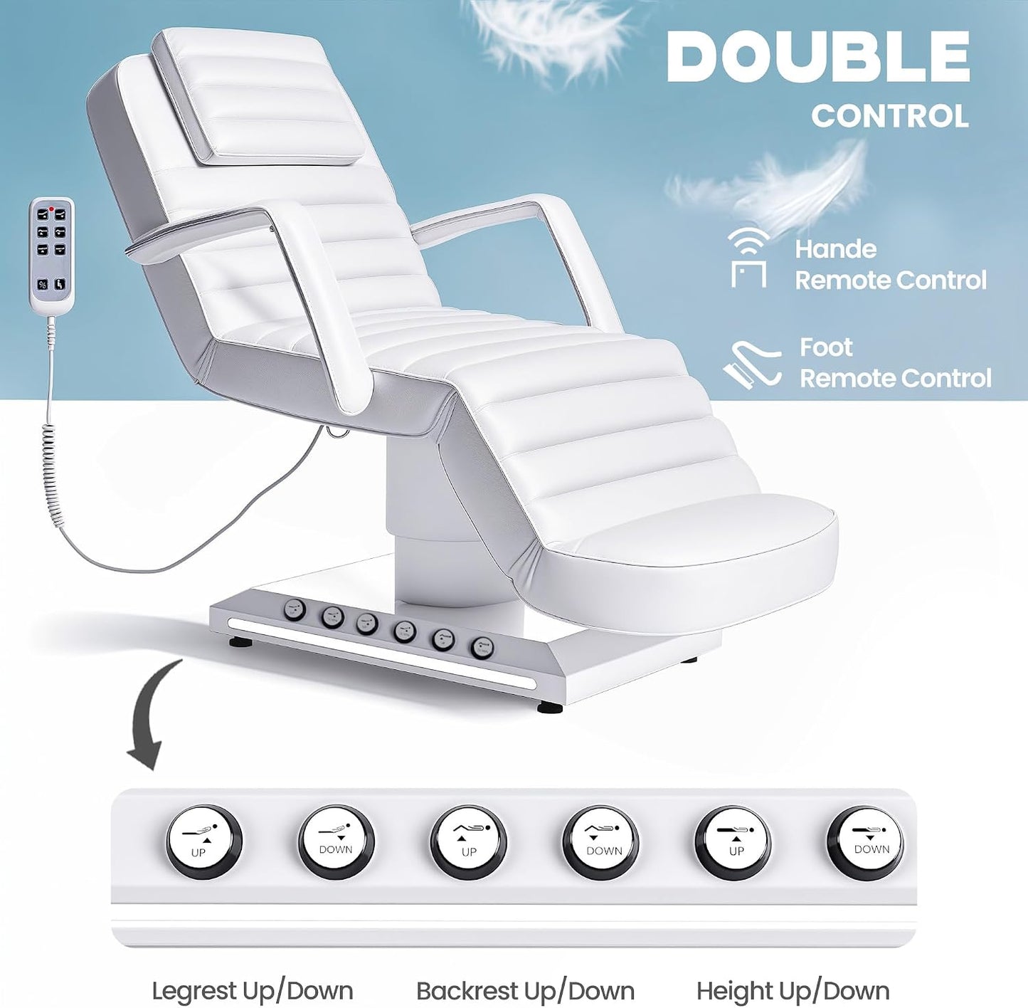 Electric Massage Table - Adjustable Facial Bed with LED Light | Removable Headrest & Armrest, 90° Back & Leg Adjustment (White)