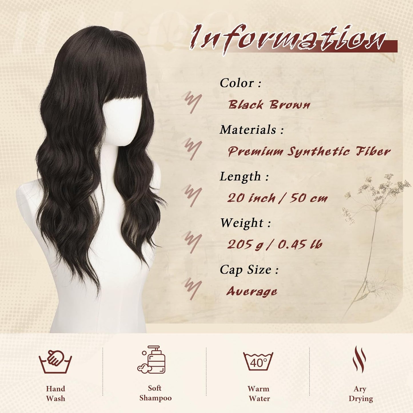 Brown Wigs with Bangs - 20 Inch Soft Wavy Synthetic Heat-Resistant Hair Wig for Women | Natural Look, Perfect for Daily Wear