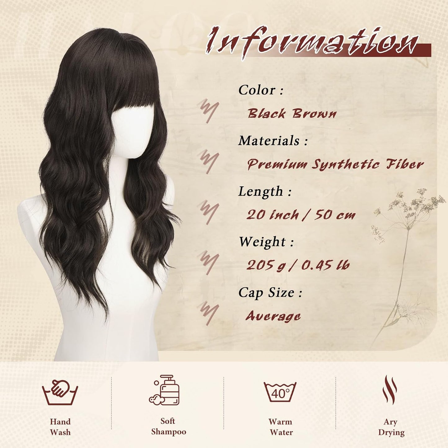 Brown Wigs with Bangs - 20-Inch Long Soft Wavy Synthetic Heat-Resistant Hair Wig for Women | Natural Look