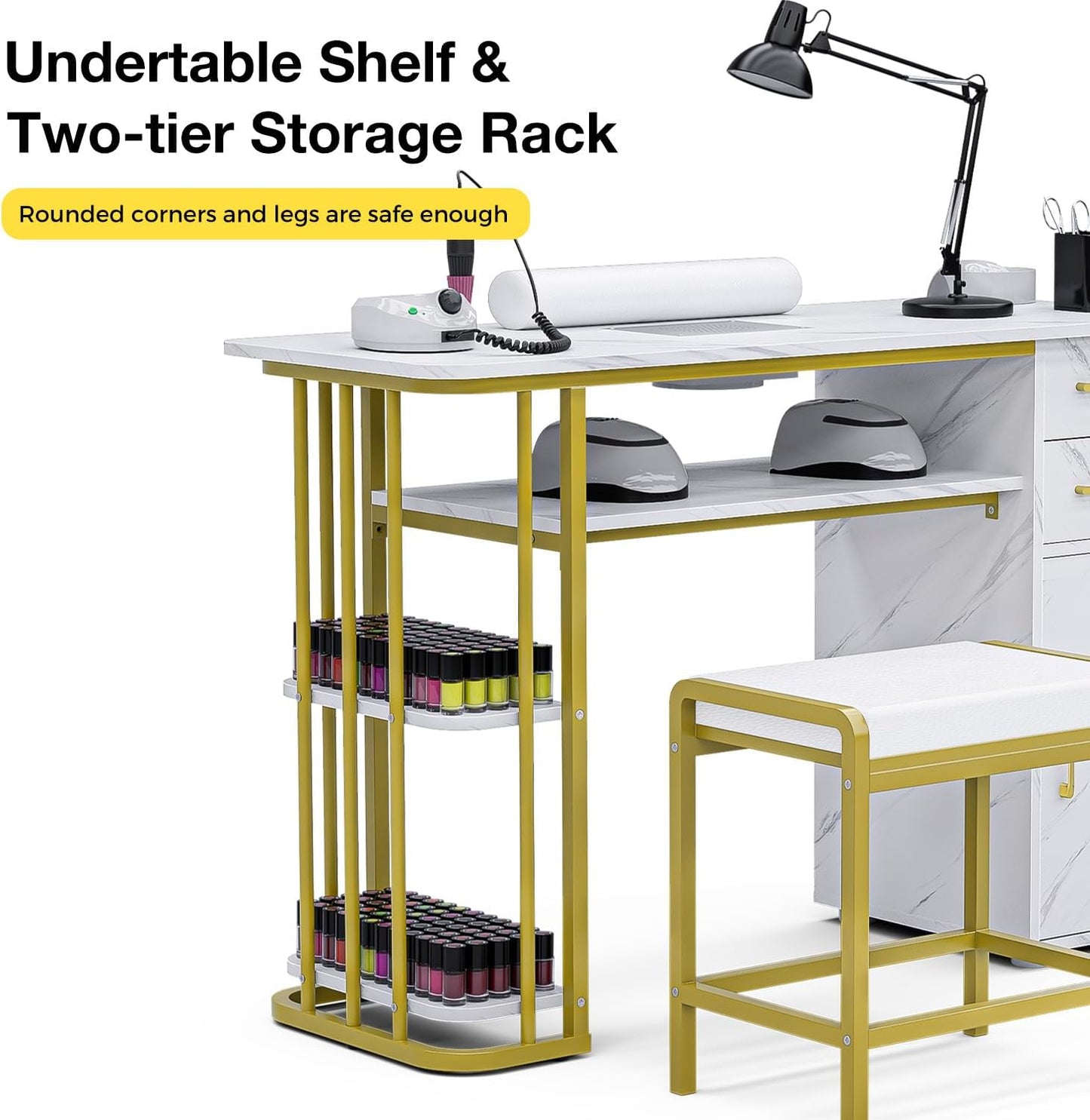 Manicure Table - Professional Nail Desk with Dust Collector & Stool | Modern White Design with Storage Cabinet & Drawers
