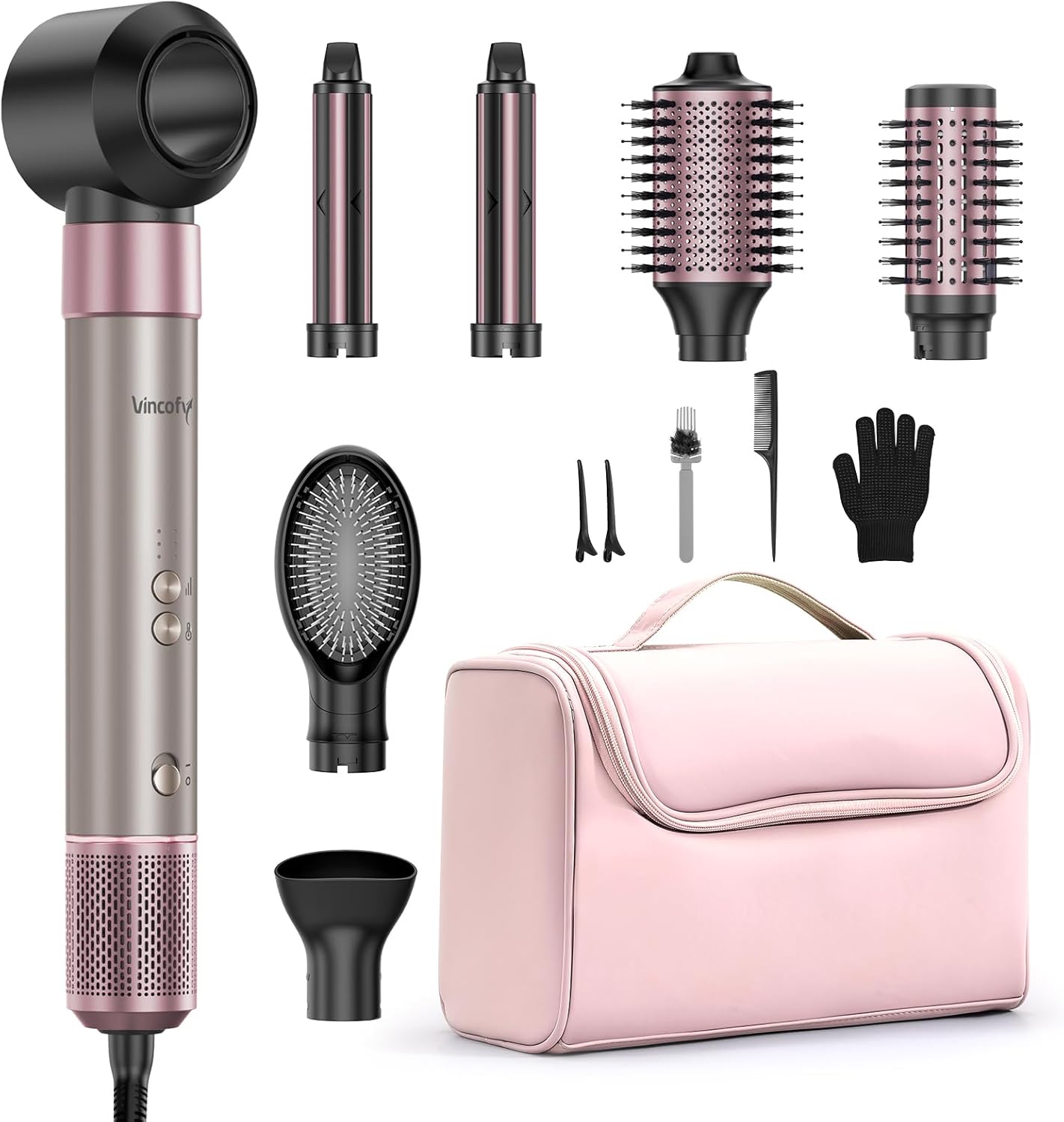 Vincofy 7-in-1 Hair Dryer Brush - Fast Drying, Curling & Volumizing | 1500W Motor, Pink