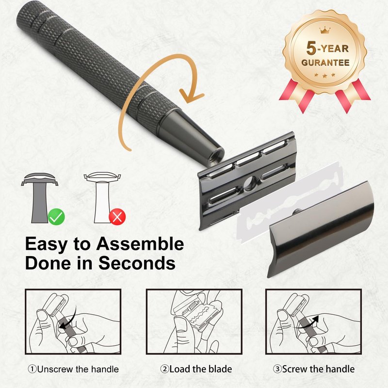 Shiny Gun Black Double Edge Safety Razor, Single Blade Razors for Men and Women, with 10 Stainless Steel Safety Razor Blades, Reusable Smooth and Close Wet Shaving Kit, Plastic Free