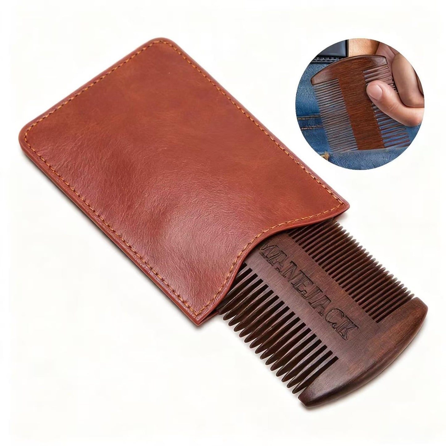 Wooden Beard Comb with Carrying Pouch - Top Pocket Combs Kit for Men - Perfect for Beard, Head hair, Mustache-Dry Use with Balms and Oils - Fine and Coarse Teeth