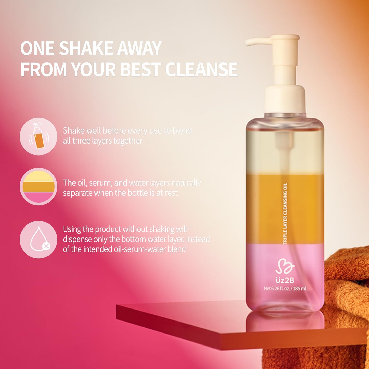 UZ2B Triple Layer Cleansing Oil – Oil, Serum & Water Layers | Deep Cleanse Makeup, Sunscreen & Blackheads | Hydrating with Centella & Jojoba Oil | Korean Skincare 185 ml / 6.26 fl. oz.
