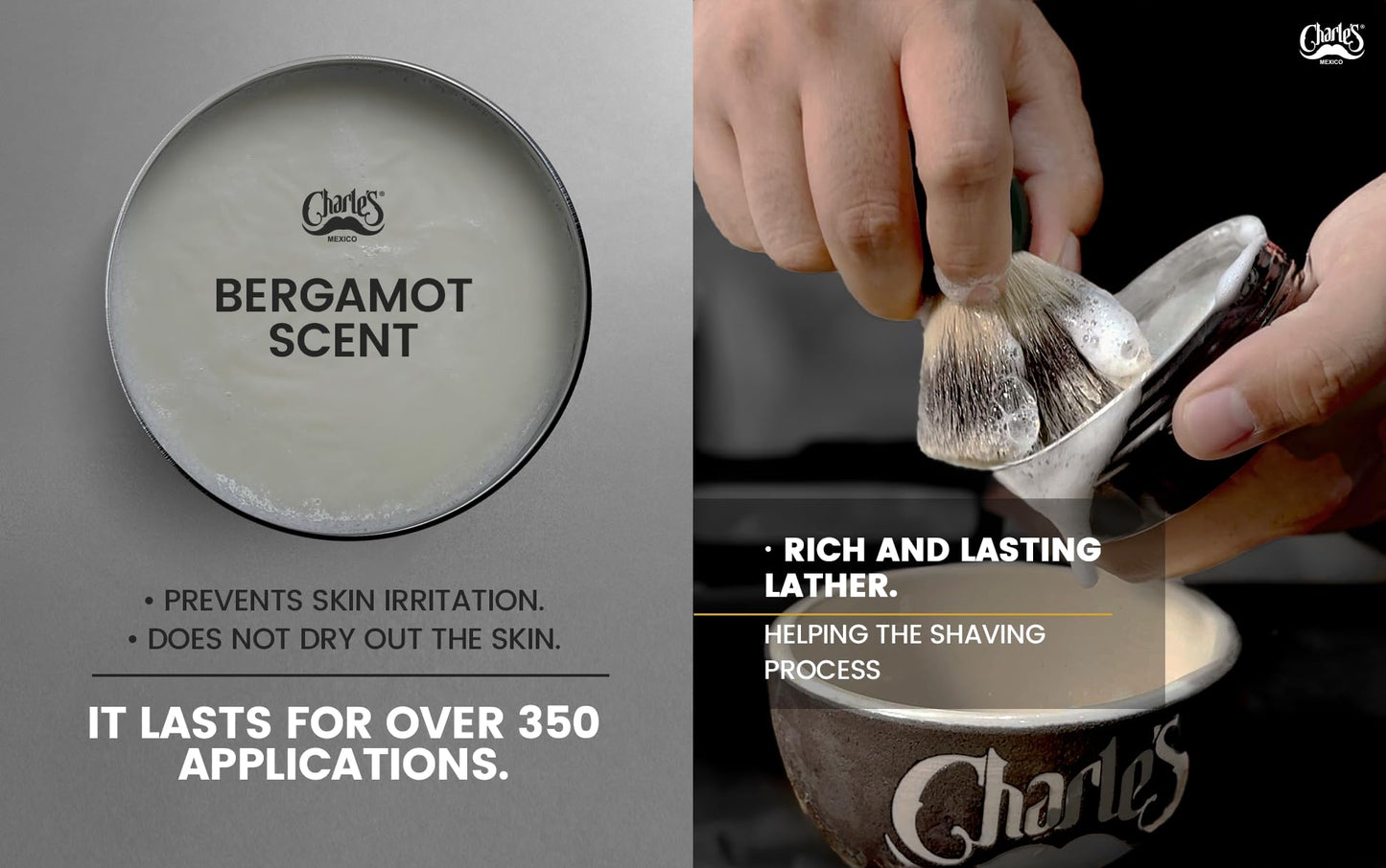 Charle's Premium Shaving Soap 3.5 Oz - With Menthol and Bergamot Fragrance - Consistent Foam - Biodegradable Ingredients - For 350 Applications