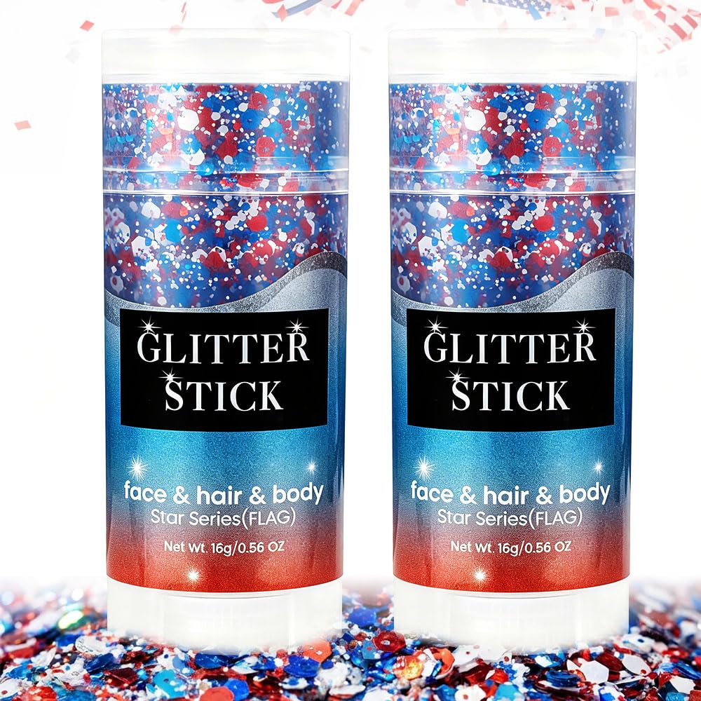 4th of July Glitter Stick, 2026 New Patriotic Red White and Blue Face Hair Body Glitter Stick, 4th of July Accessories Sparkling Glitter Makeup for Fourth of July Outfit Independence Memorial Day (2)