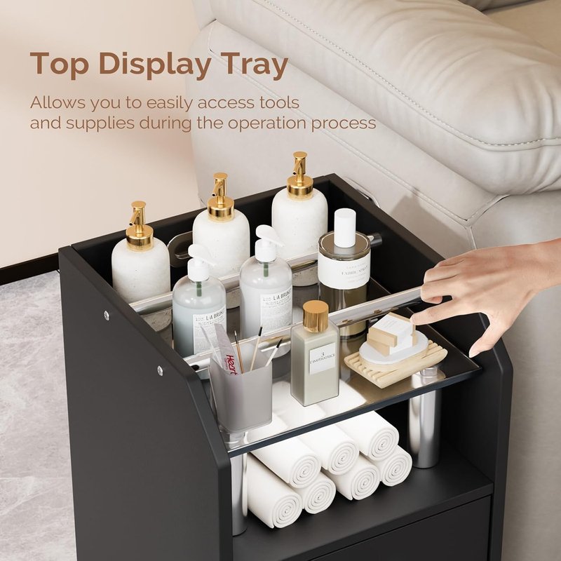 Pedicure Cart with Storage Drawer - Portable Black Salon Station for Estheticians | Foot Bath Trolley with Locking Wheels