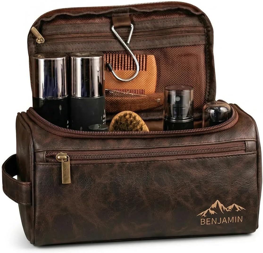 Personalized Leather Toiletry Bag for Men - Custom Engraved Travel Organizer | Groomsmen Gift (Coffee)