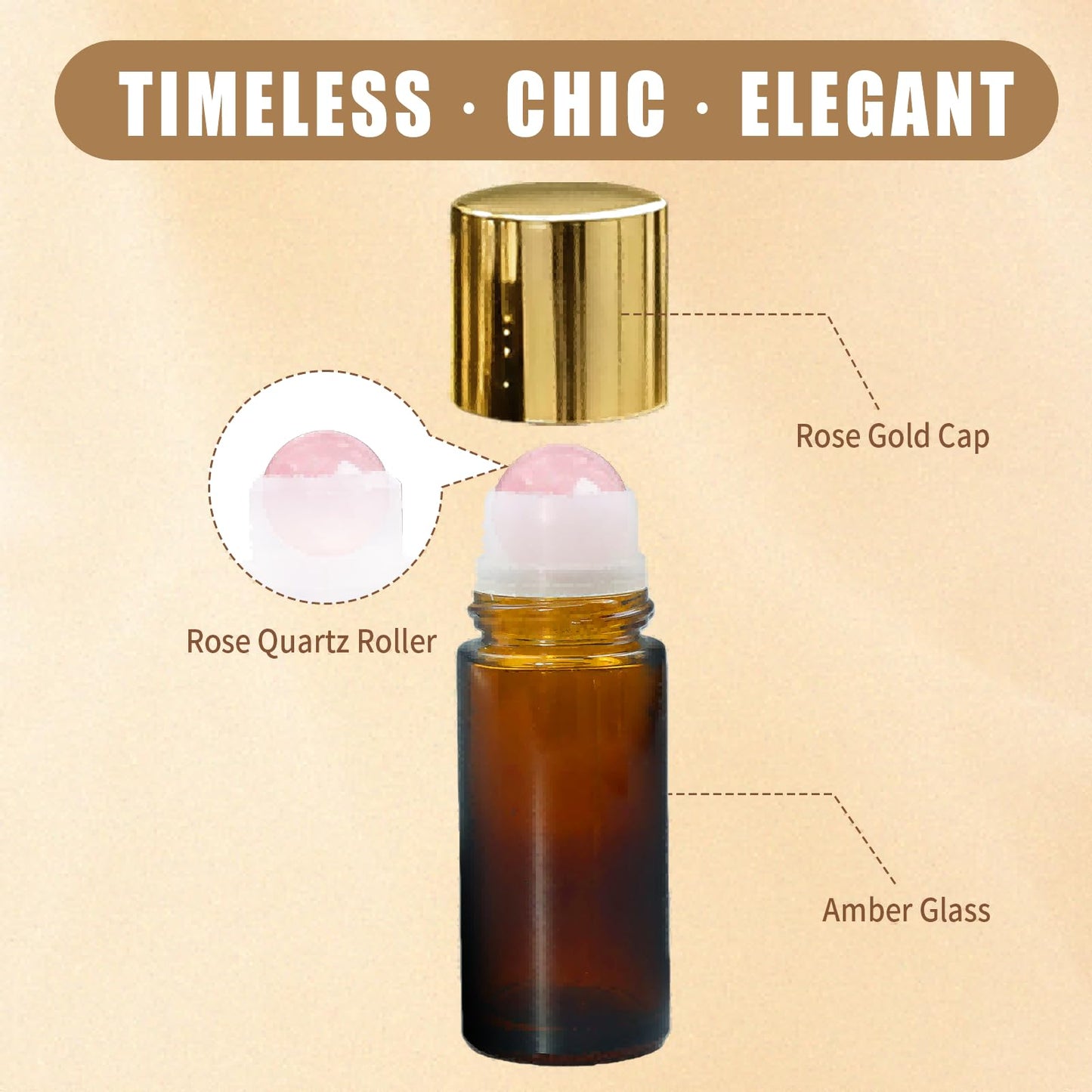 Warmify Rose Quartz Roller Bottles for Essential Oils, 50ml Refillable Amber Glass Roll On Bottles with Natural Crystal Roller Balls, Leak-Proof Travel Perfume Bottle with Gold Caps