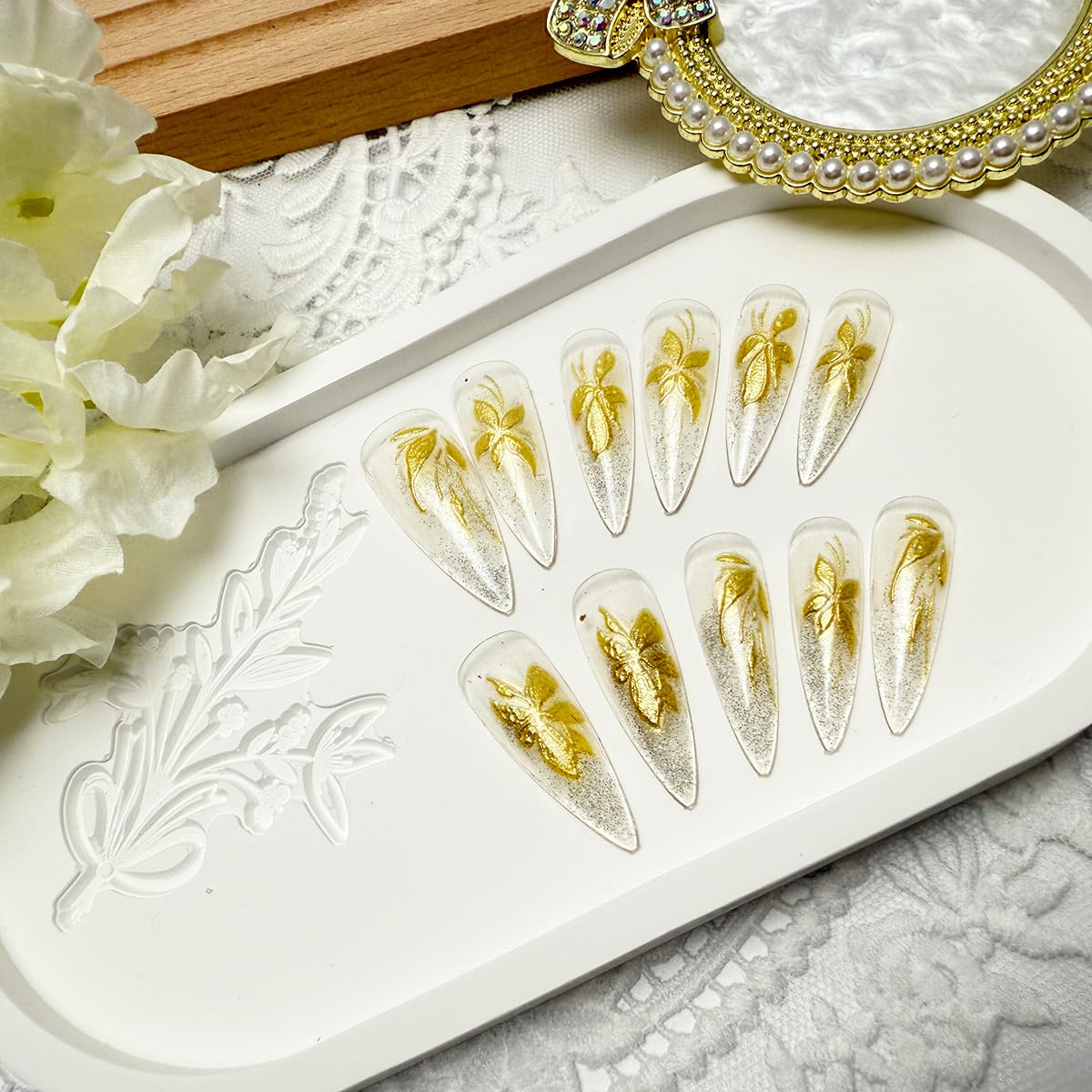 Gold Press-On Nails - 24Pcs Almond Glitter Nude Acrylic Set | Reusable Full Cover for Weddings & Daily Use
