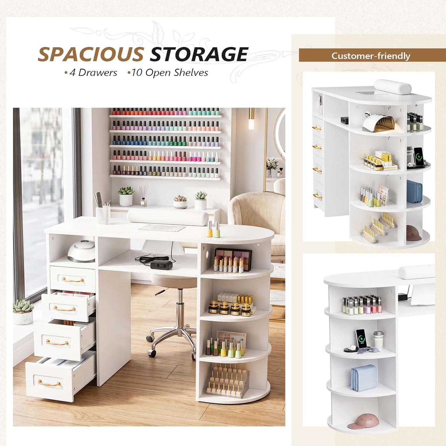 OmySalon Nail Desk - Electric Dust Collector Manicure Table | Rattan Professional Salon Station with Storage Drawers & Acetone Resistant Surface (White)