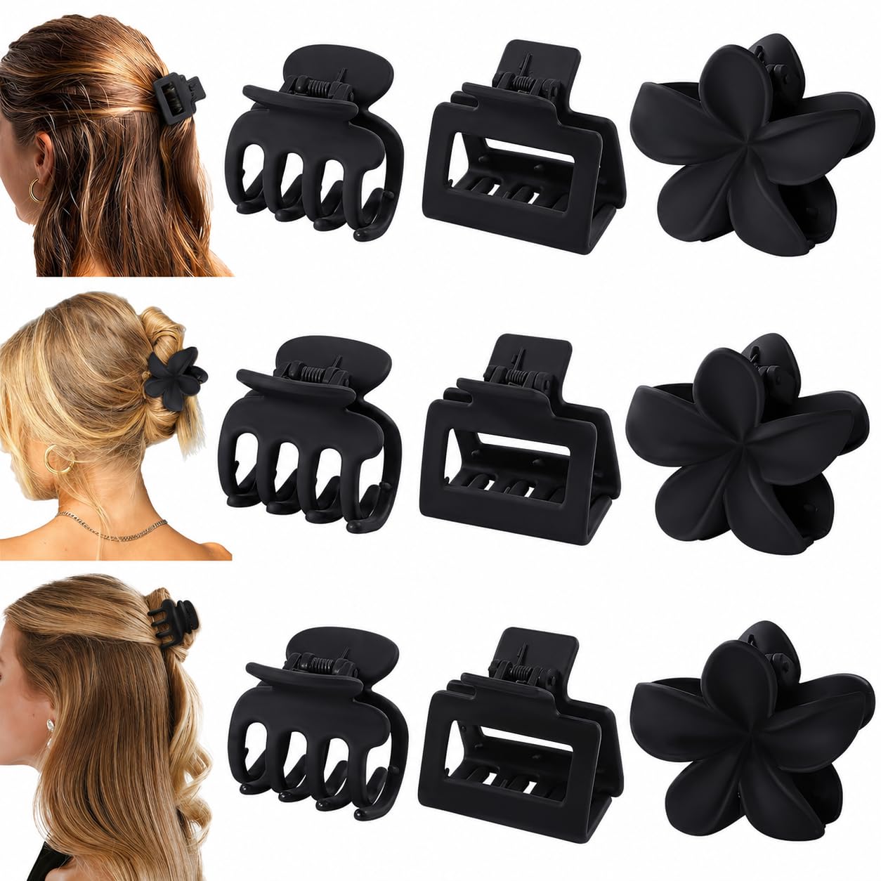 Medium Hair Clips for Women - 9 Pcs Small Claw Clips | Flower & Square Designs for Thin & Thick Hair