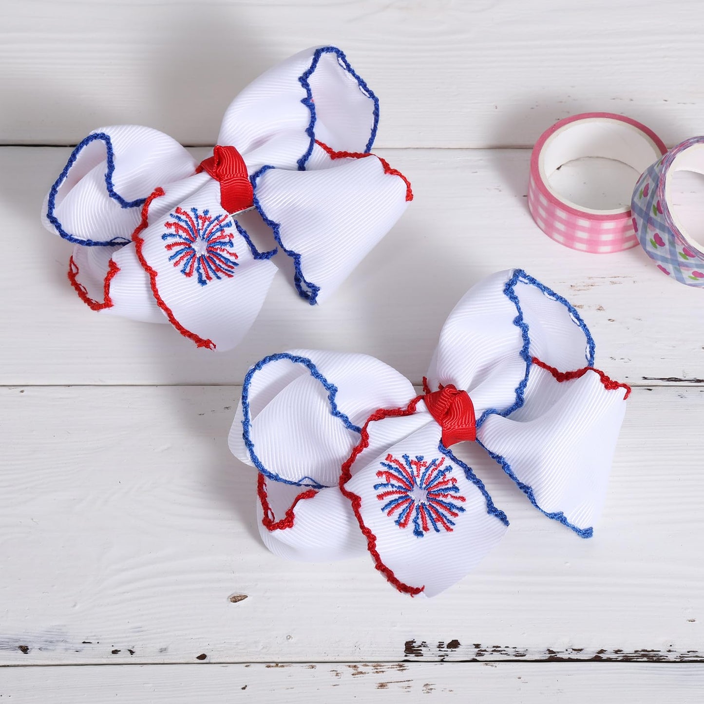 4th July Patriotic Hair Bow Clips 2Pcs 4" Firework Embroidered Ribbon Alligator Clip for Teens Girl Women Independence Memorial Day Party Dress Decor Accessory Gift