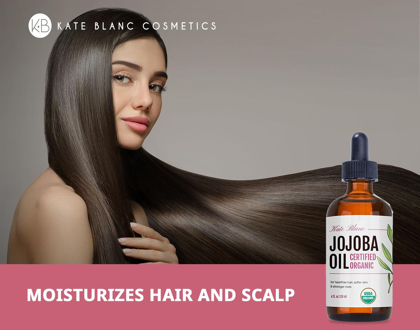 Kate Blanc Cosmetics Organic Jojoba Oil - 100% Pure Cold Pressed Moisturizer for Hair, Skin & Nails | 4oz Glass Bottle