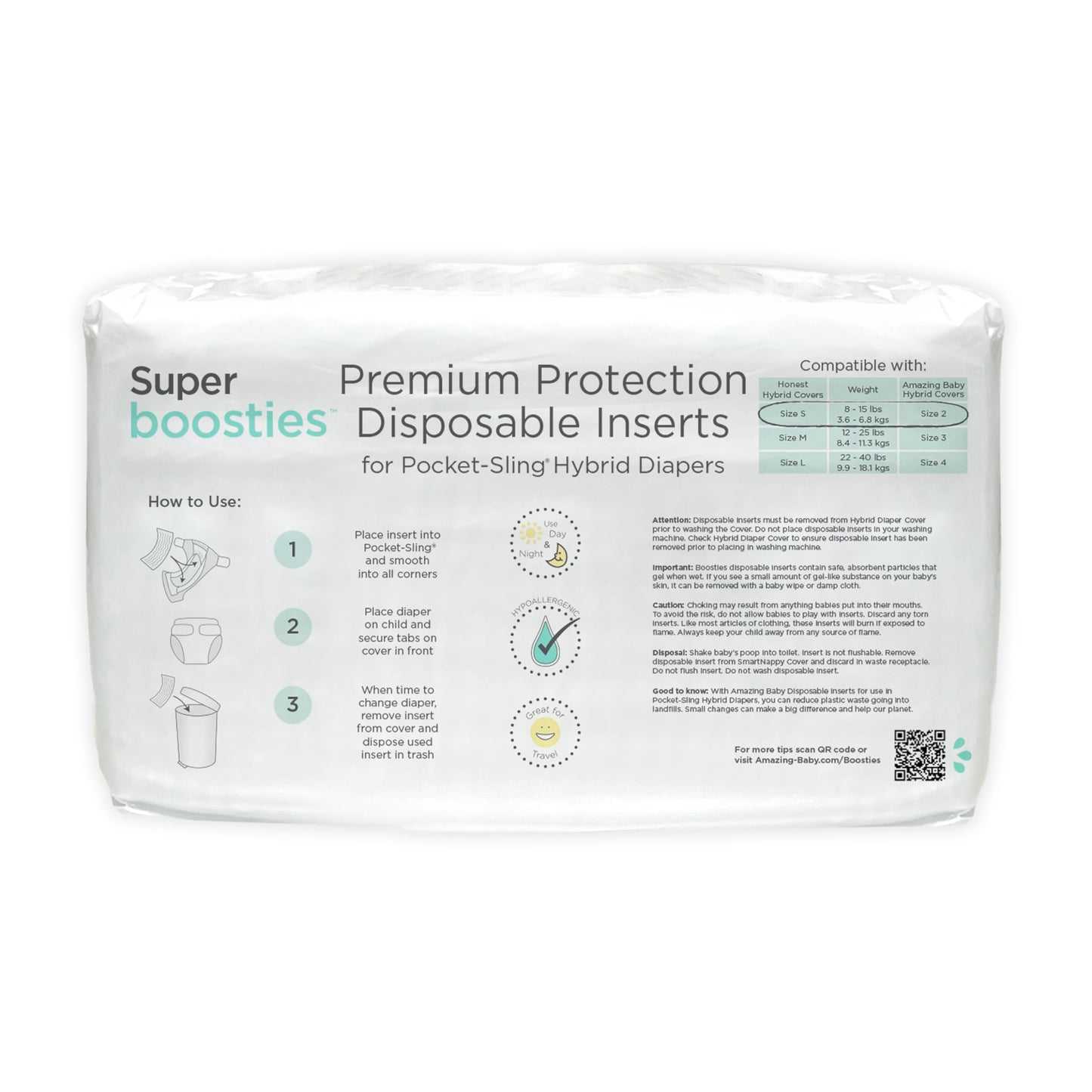 Overnight Diaper Leak Stopper, Super Boosties Disposable Inserts, Use with Pampers Sizes 2-6, Honest Hybrid Diaper Cover Sz Small, Amazing Baby Cover Sz 2, Pocket-Sling Compatible, 4.3x11 in, 96 count