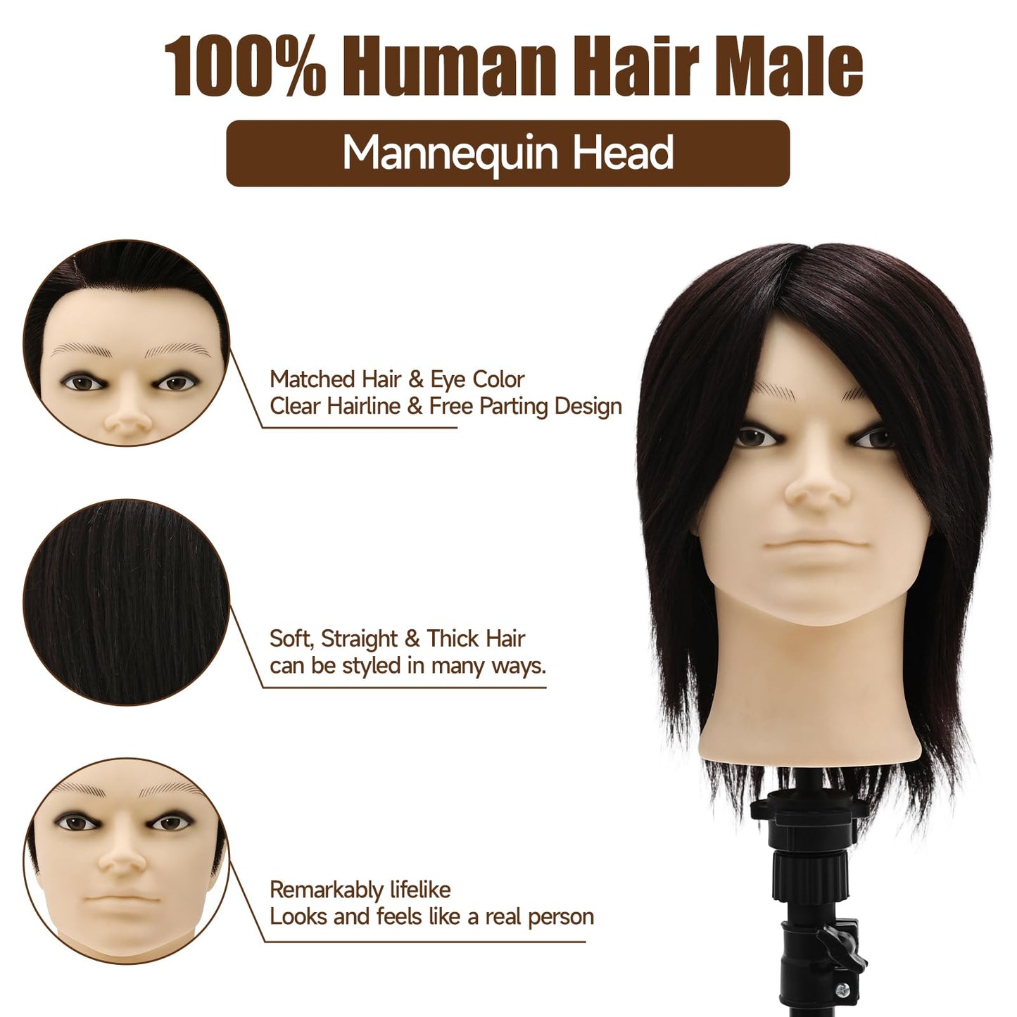 Male Mannequin Head, 8" Barber Mannequin Head, 100% Real Black Hair Head with Table Clamp, Professional Cosmetology Hairdresser Training Doll Manikin Head for Practicing Hair Cutting and Styling