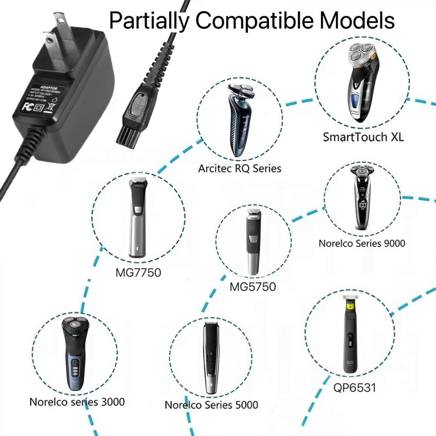 Sqsxgz 15V Charger Fit for Philips Norelco HQ8505 9000 7000 6000 5000 Series, Multigroom MG5750 MG7735 MG7770 MG9740 QP6530 QP6650 QP6510 Shaver Trimmer Power Cord