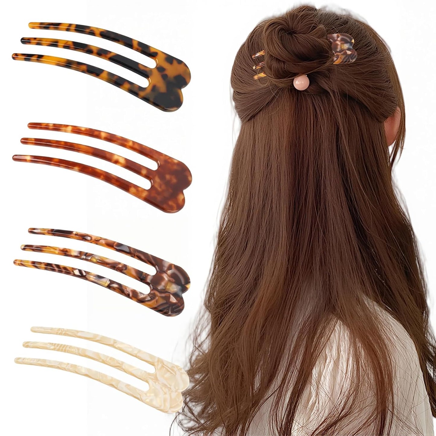 French Hair Pins for Women - 4Pcs U-Shaped Twist Clips | Unique 3-Prong Forks for Fine Hair Buns