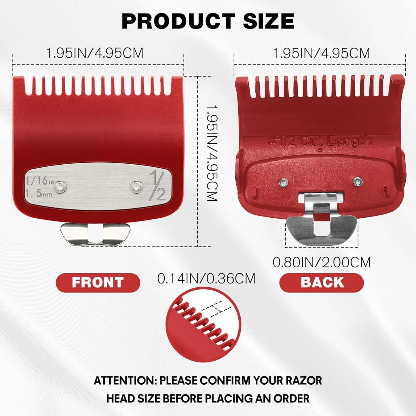 Clipper Guards Set - Compatible with Wahl 1/2 Hair Clippers | 2 Pack Metal Guide Combs, 1/16" (1.5mm) - Ideal for Barbers & Stylists, Red