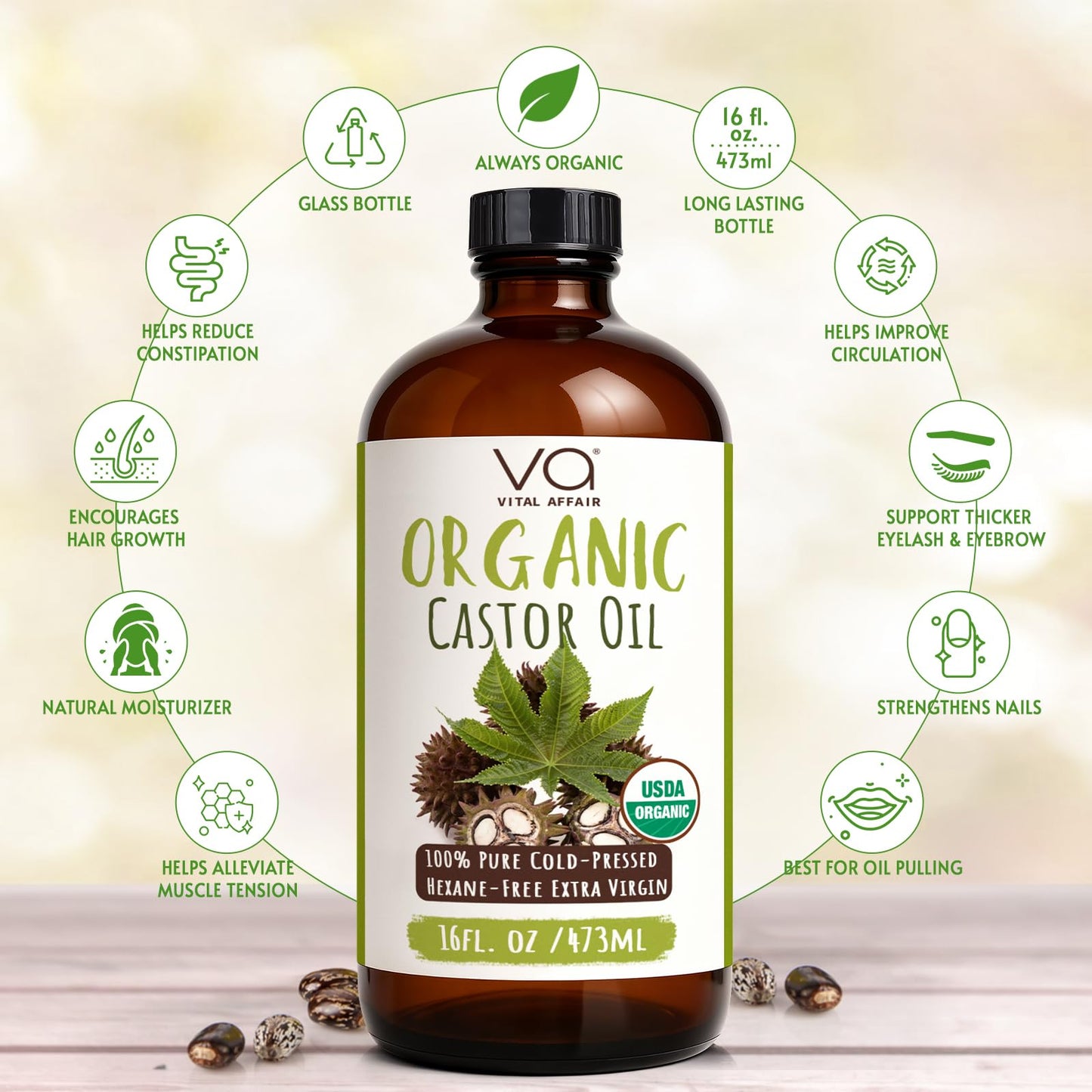 Castor Oil Pack Wrap Kit – USDA Organic, 16 oz Cold-Pressed Hexane-Free Castor Oil in Glass Bottle | Adjustable Cotton Flannel Waist & Neck Wraps | Liver, Abdominal & Detox Therapy
