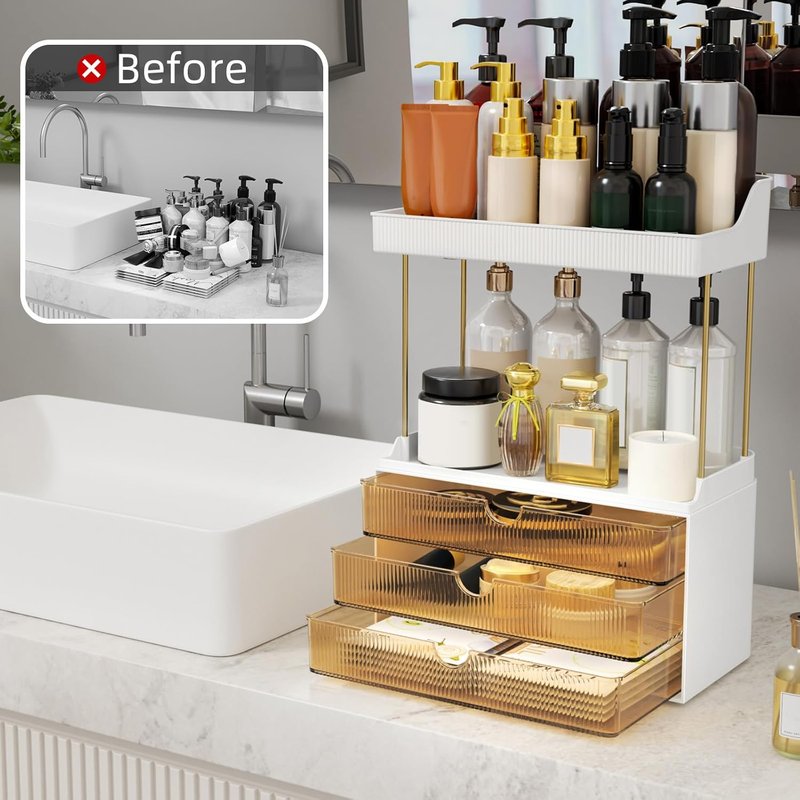 Makeup Organizer with 3 Large Drawers - 5 Tier Bathroom Storage & Versatile Vanity Organizer | Ideal for Cosmetics, Skincare, Face Masks, Amber