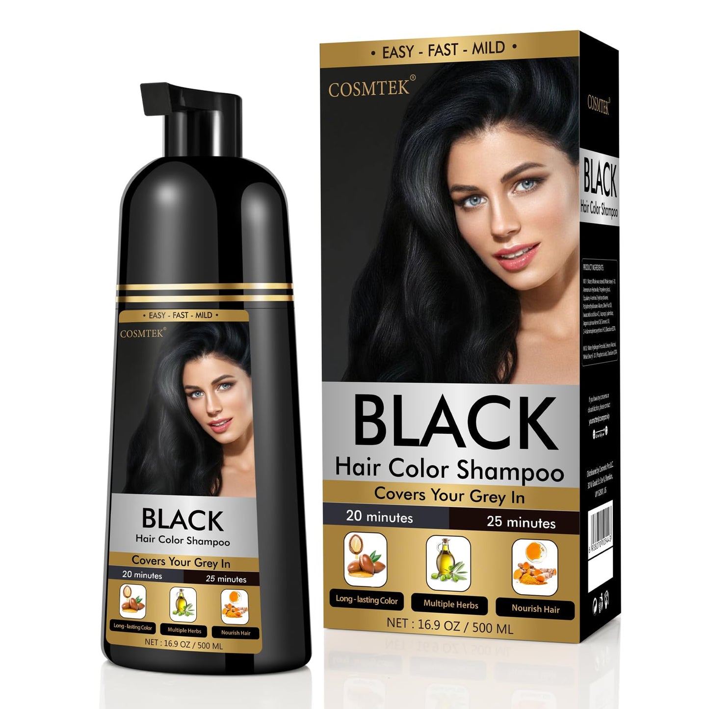 COSMTEK Black Hair Dye Shampoo for Gray Coverage - Hair Color Shampoo for Men&Women,500ml /16.9 Fl Oz.Black.