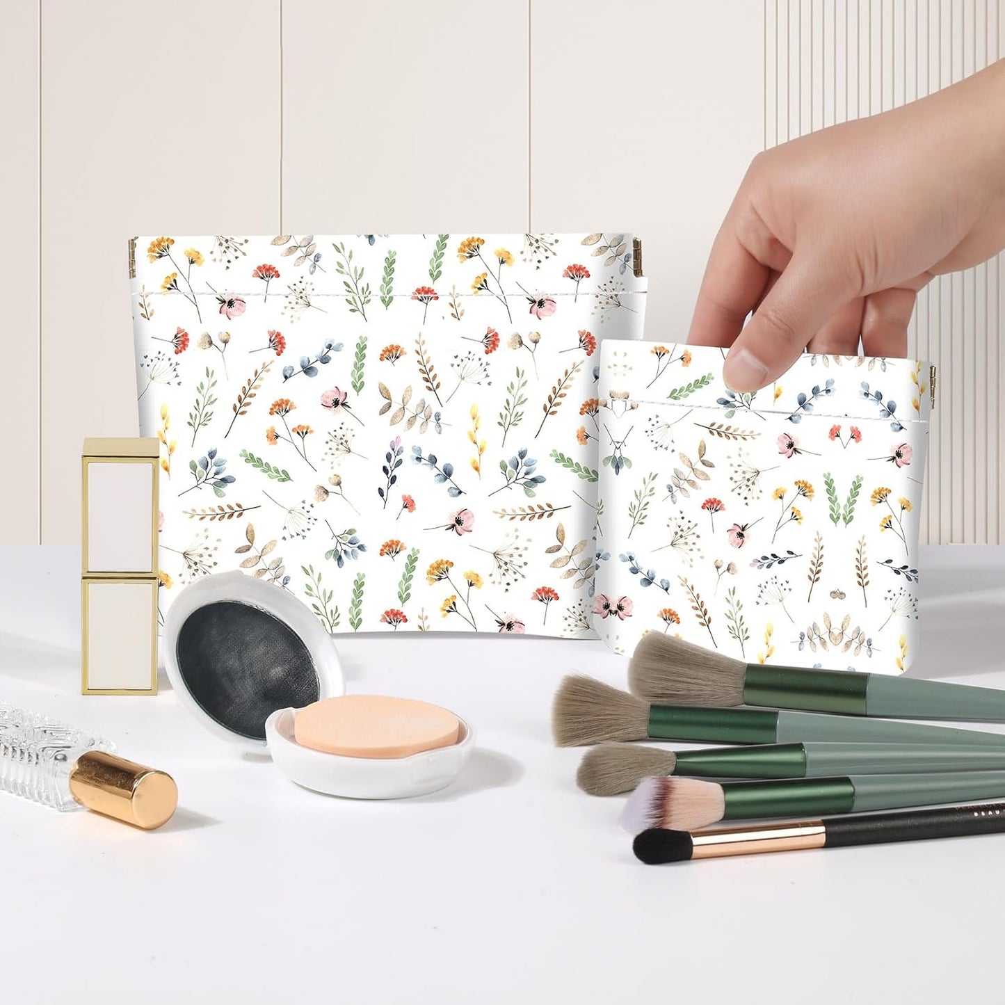 Makeup Bag Set - 2 PCS PU Leather Self-Closing Cosmetic Bags | Portable White Floral Travel Organizer for Women