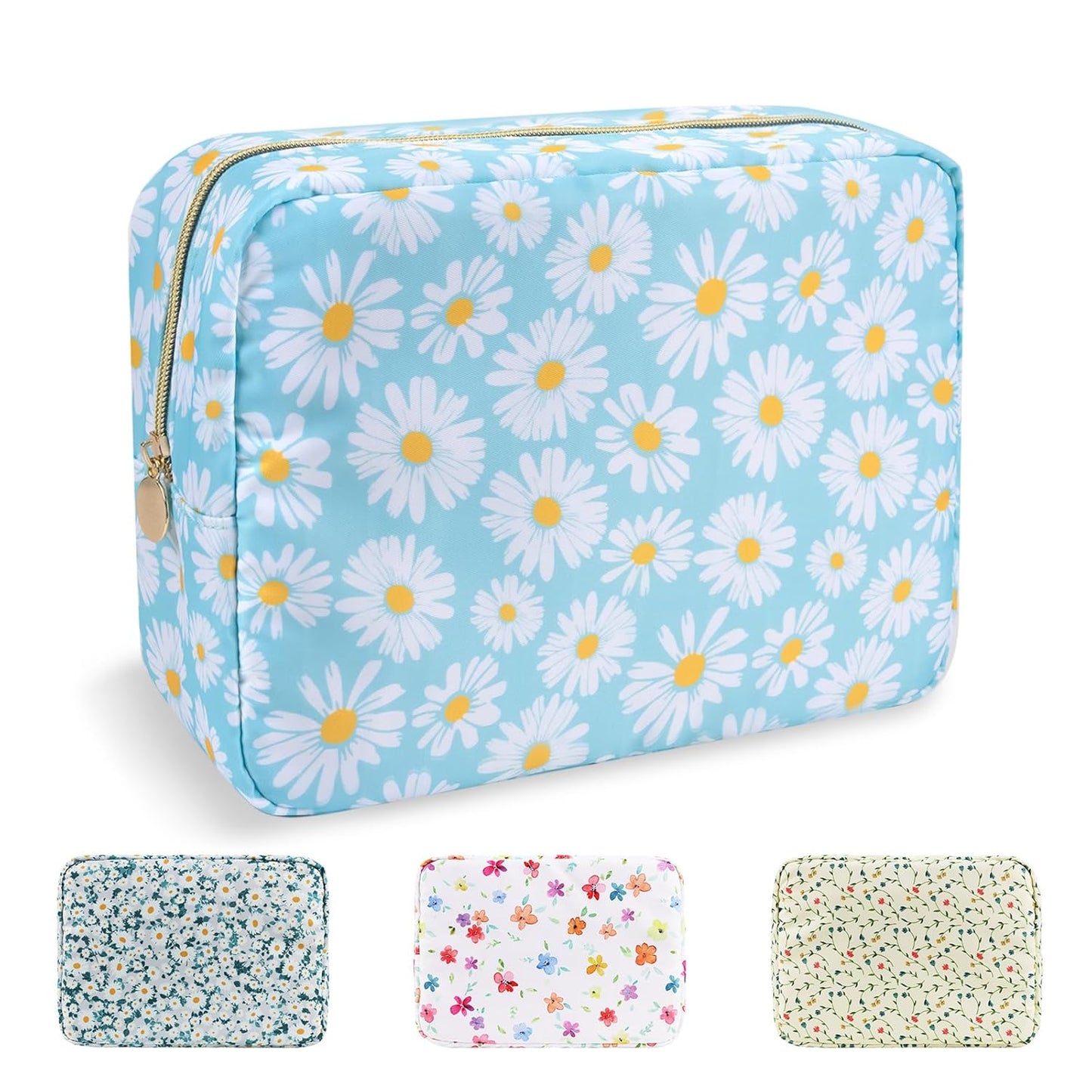 Waterproof Mini Floral Makeup Bag - Nylon Travel Pouch for Women | Cute Zipper Toiletry Organizer (Mini White-Flowers)