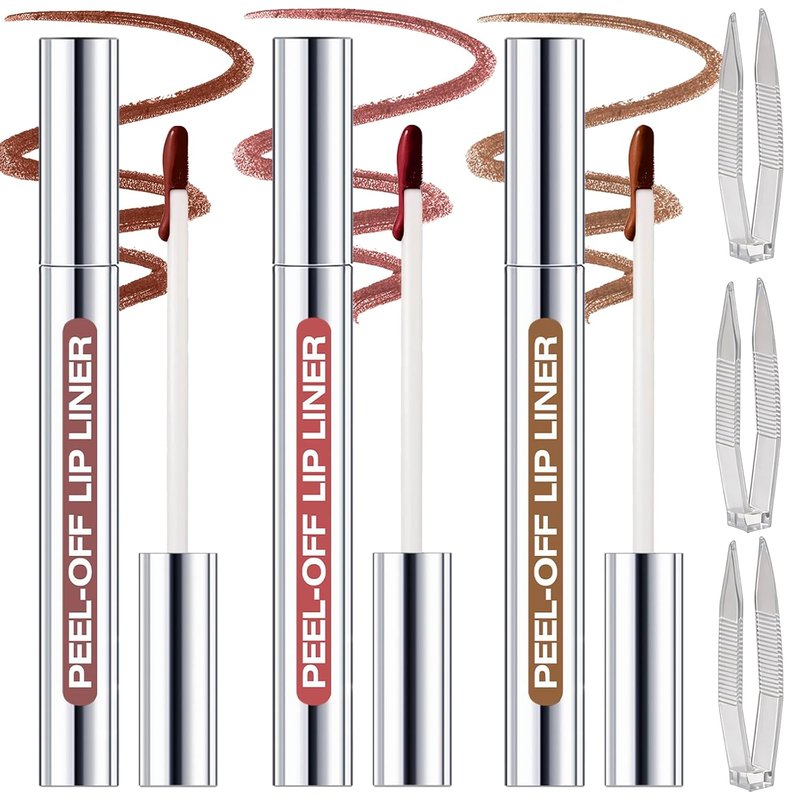Peel Off Lip Liner Stain Kit - Long Lasting Waterproof Lip Tint with Tweezer | 3 Colors for Natural Matte Finish
