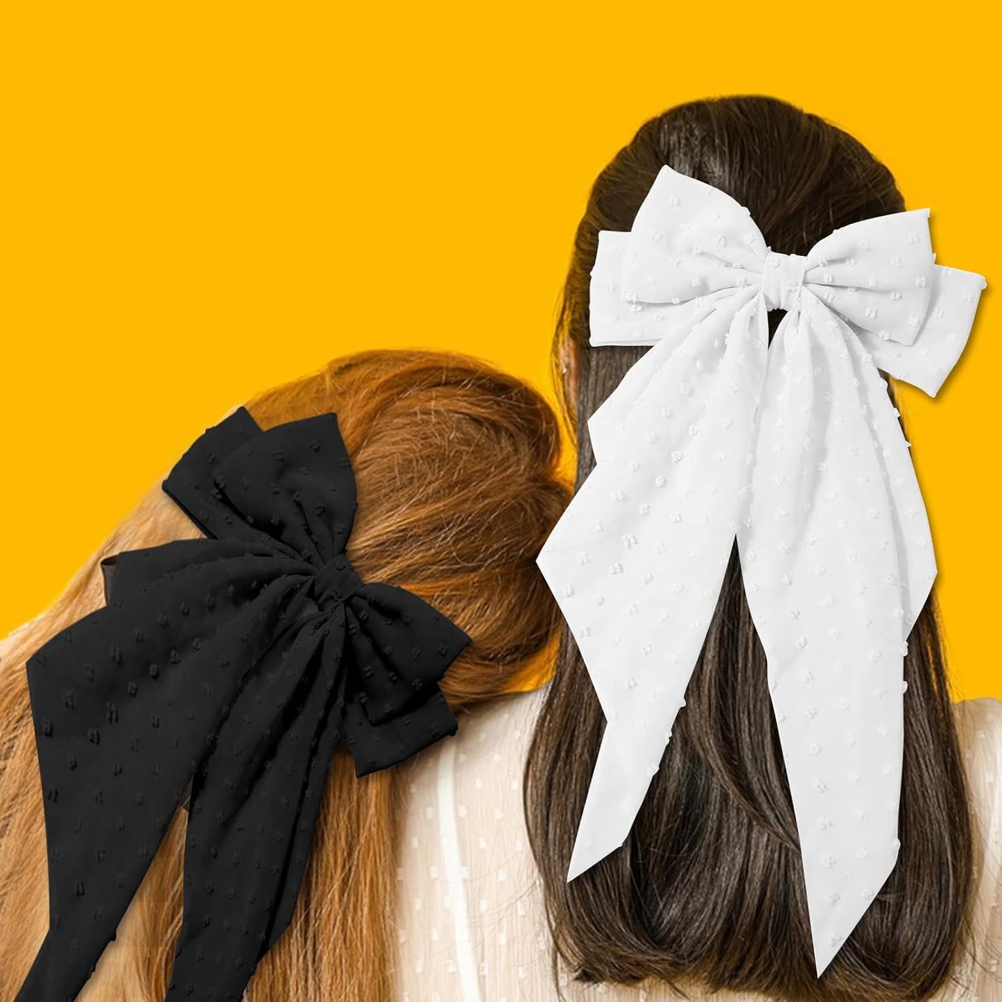 Large Hair Bows for Women - 4 Pcs Big Bow Clips | French Barrette Bowknot with Long Tail (Pink, Blue, White, Black)