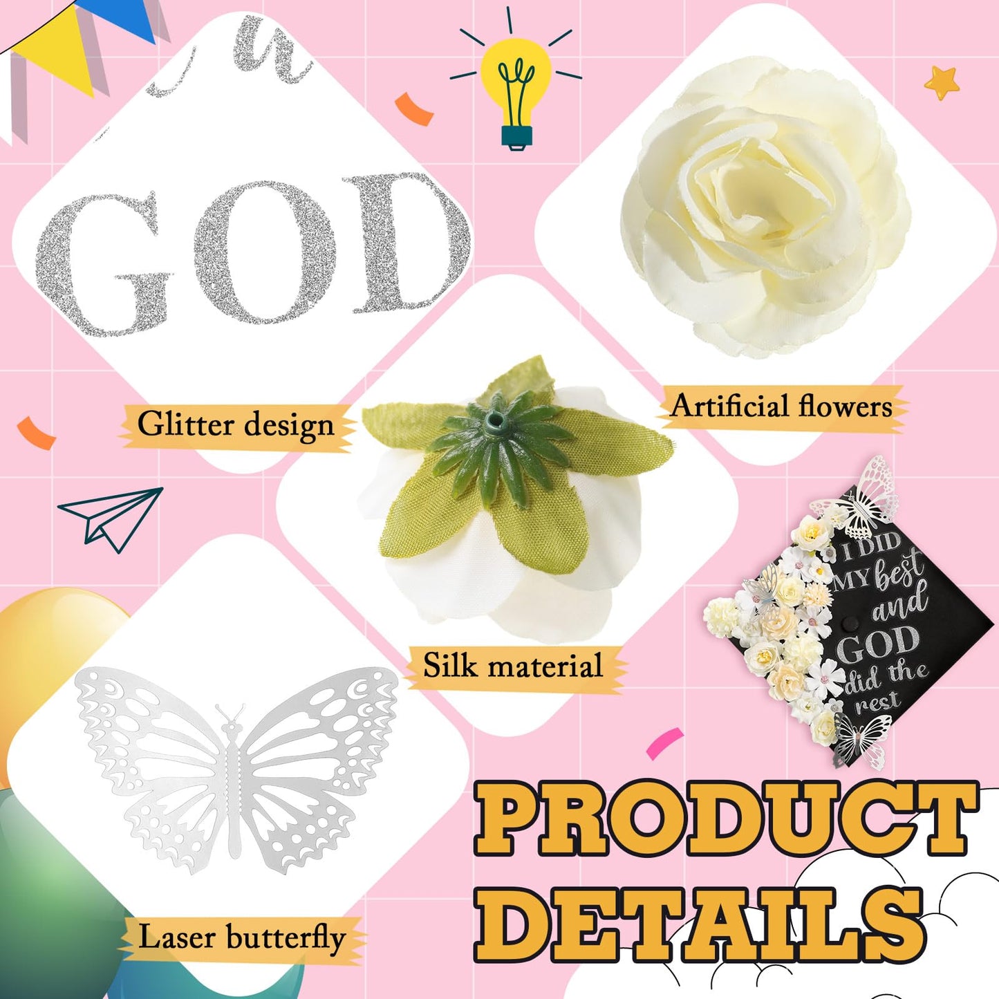 Feifeiya 36 Pcs DIY 2026 Graduation Cap Decorations Accessory Kit Include Faux Flower Heads Graduation Quotes Glitter Stickers 3D Butterfly for Grad Cap Topper DIY Gift(Silver,Inspirational)