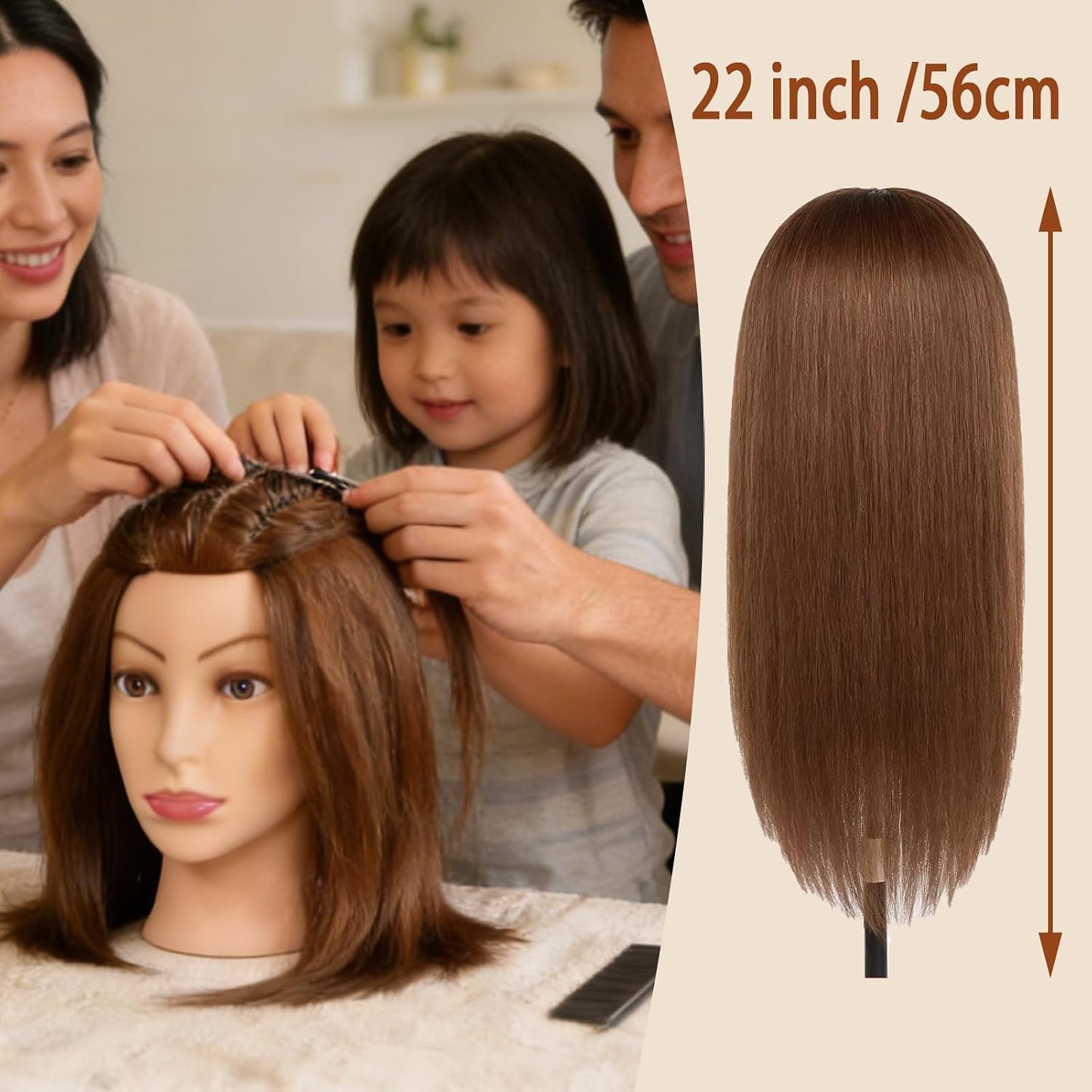Realistic Human Hair Mannequin Head - 22” Dark Brown Cosmetology Training Doll with Clamp & Styling Tools