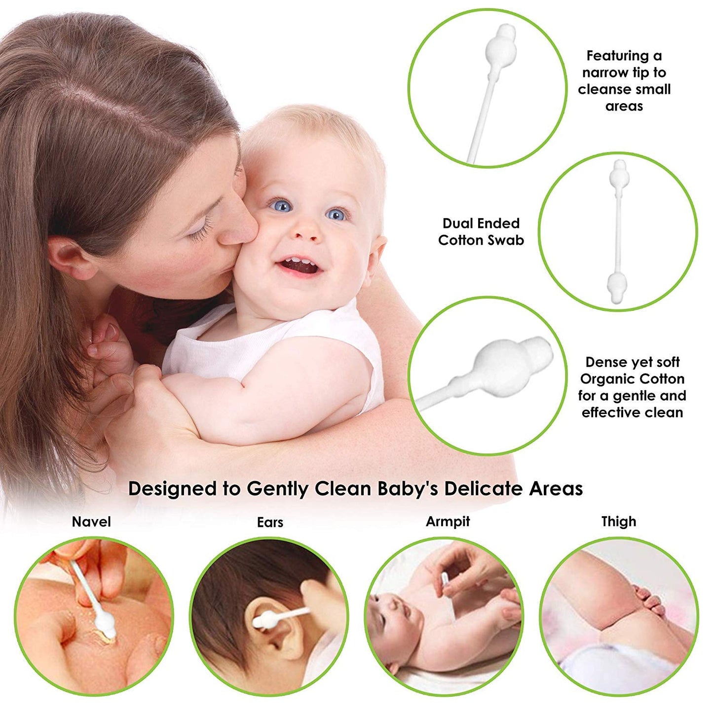 Organic Baby Cotton Swabs - Chlorine-Free & Biodegradable Q-tips | Hypoallergenic, Gentle for Newborns (220 Total)