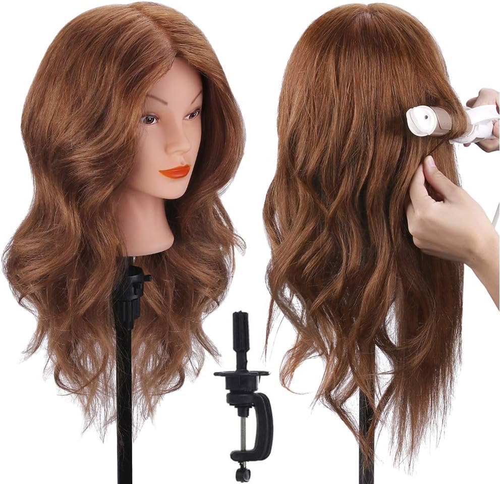 Real Hair Mannequin Head for Cosmetology | 100% Human Hair Styling Practice Doll with Clamp Holder (Dark Brown)
