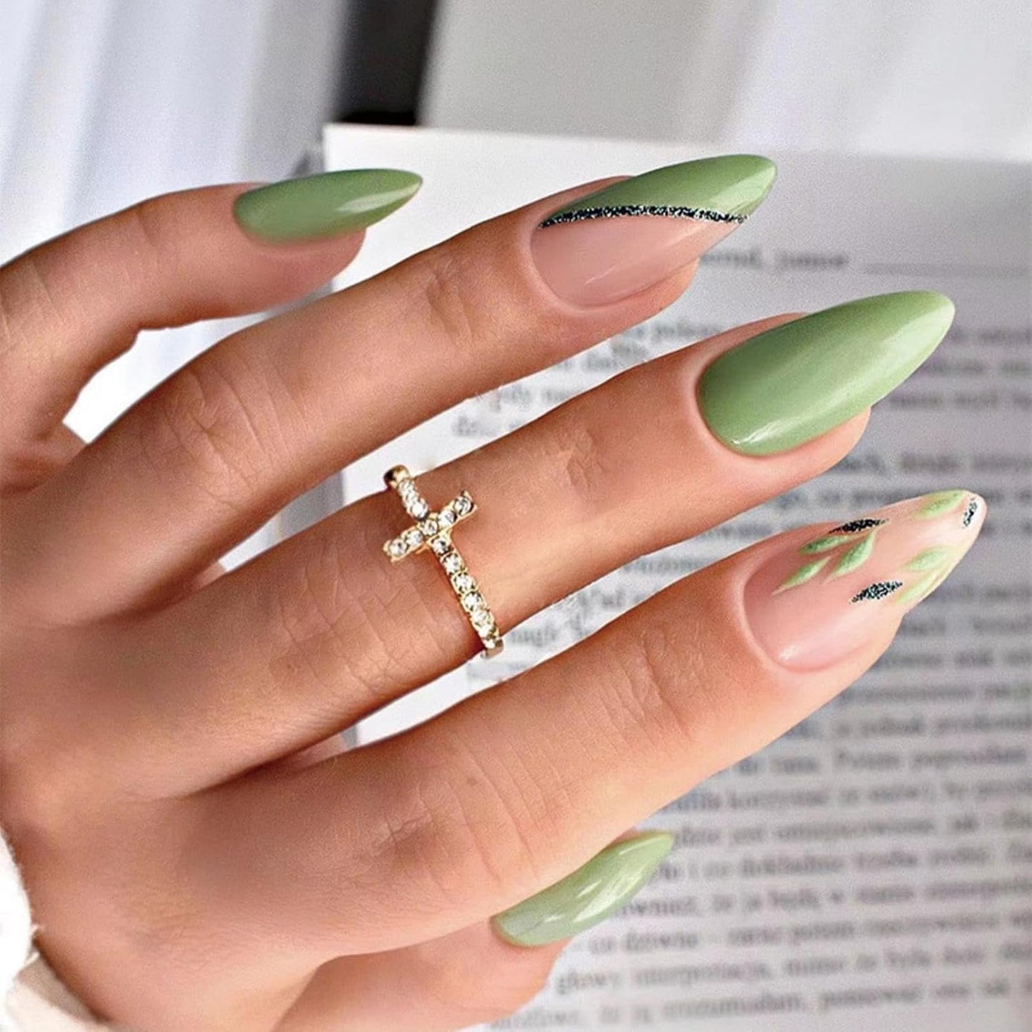 Press On Nails - French Tip Design with Rhinestones | Medium Almond Glossy Full Cover - 24 Pcs