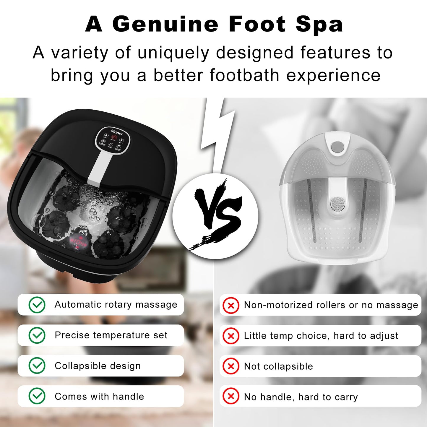 HOSPAN Collapsible Foot Spa Electric Rotary Massage, Foot Bath with Heat, Bubble, Remote, and 24 Motorized Shiatsu Massage Balls. Pedicure Foot Spa for Feet Stress Relief