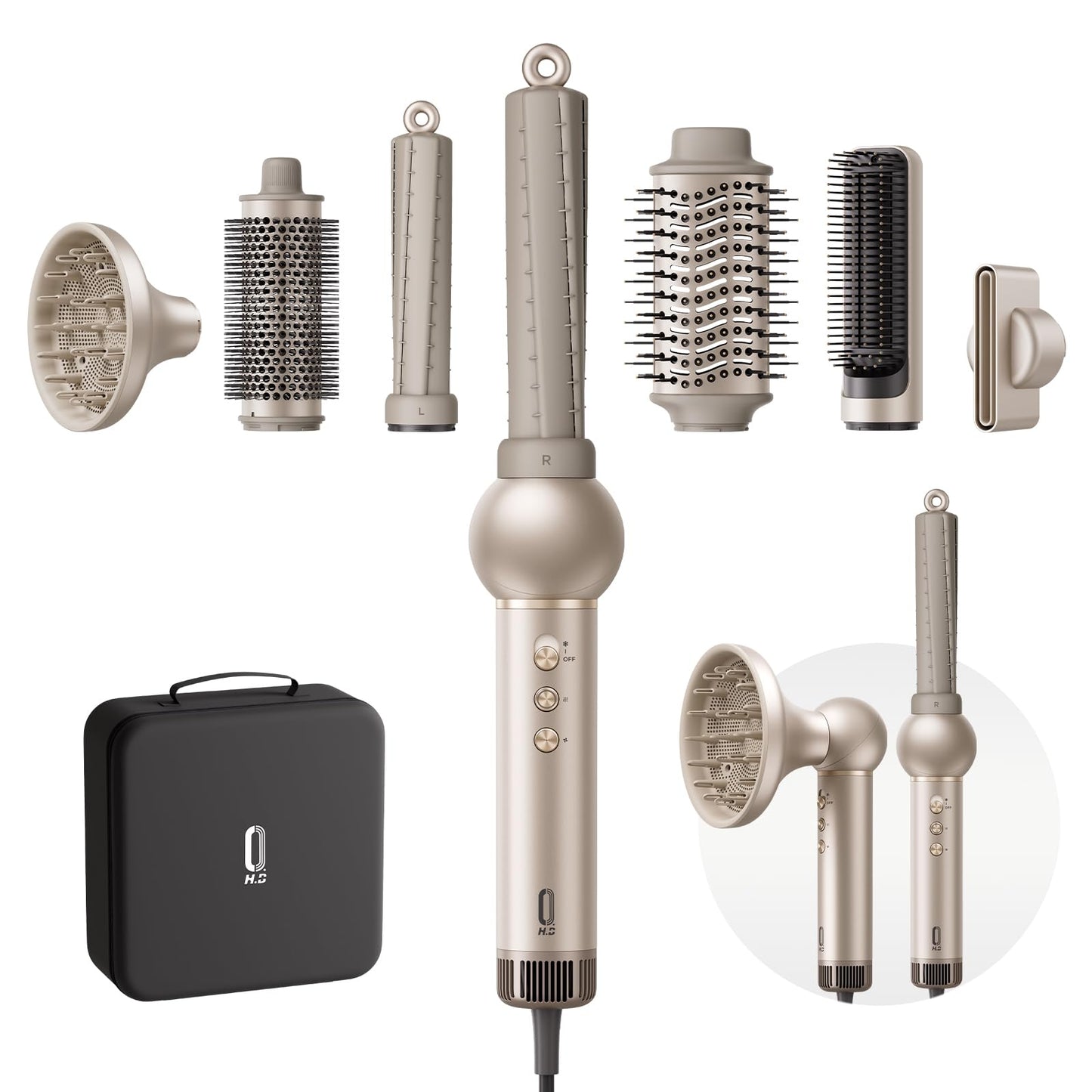 O.H.B 7 in 1 Hair Styler & High Speed Dryer Brush, 110,000RPM Blow Dryer Brush, Ionic Air Styler with Fast Drying, No Heat Damage Air Multi Styler for Volumize, Curl, Straighten, Travel Case, Gold