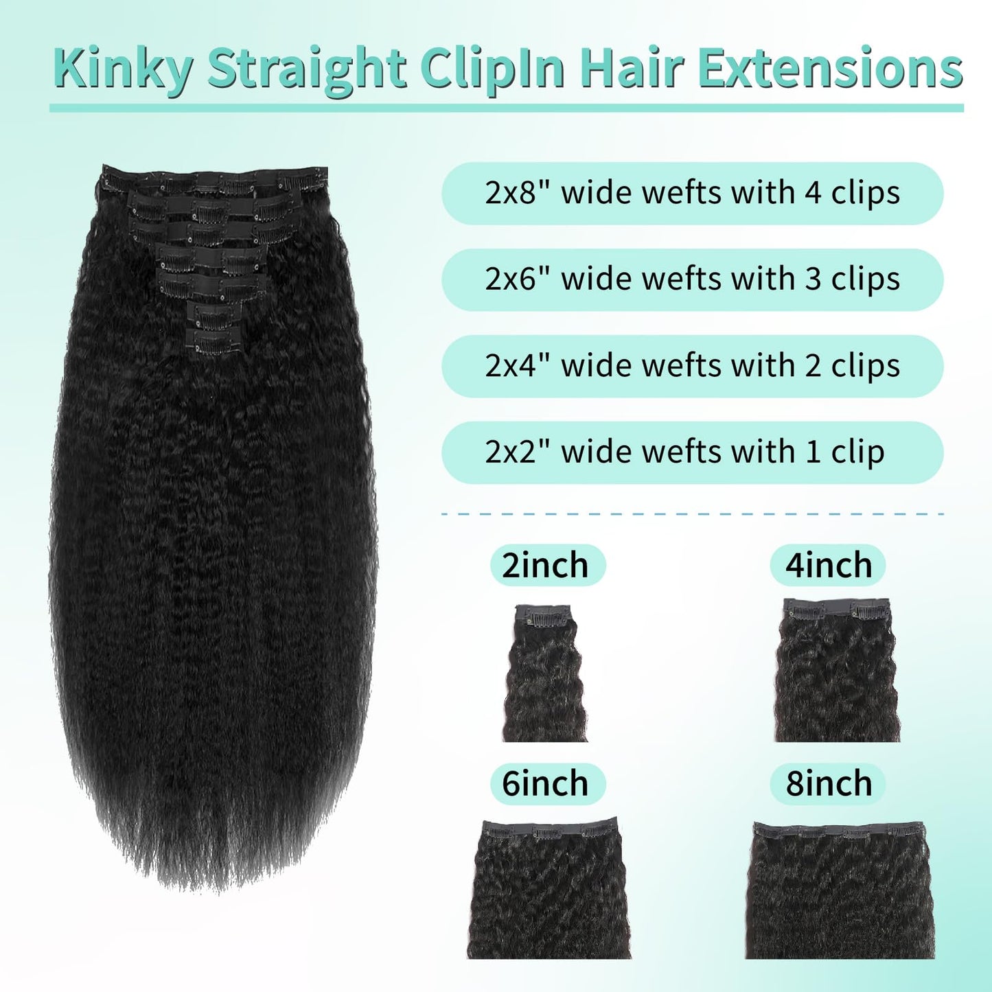 EclatWigs Human Hair Clip in Extensions, 7 Pcs Kinky Straight Hair 120g, 18 Inch Natural Black, Clip in Hair Extensions, Brazilian Remy Hair Extensions for Women