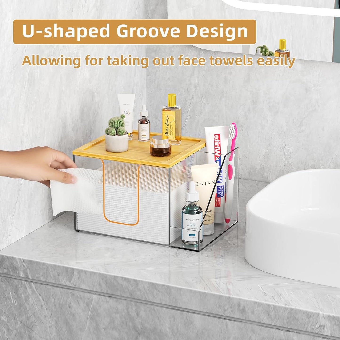 Acrylic Disposable Face Towel Holder Box - Large Storage for Bathroom Vanity | Clear Design