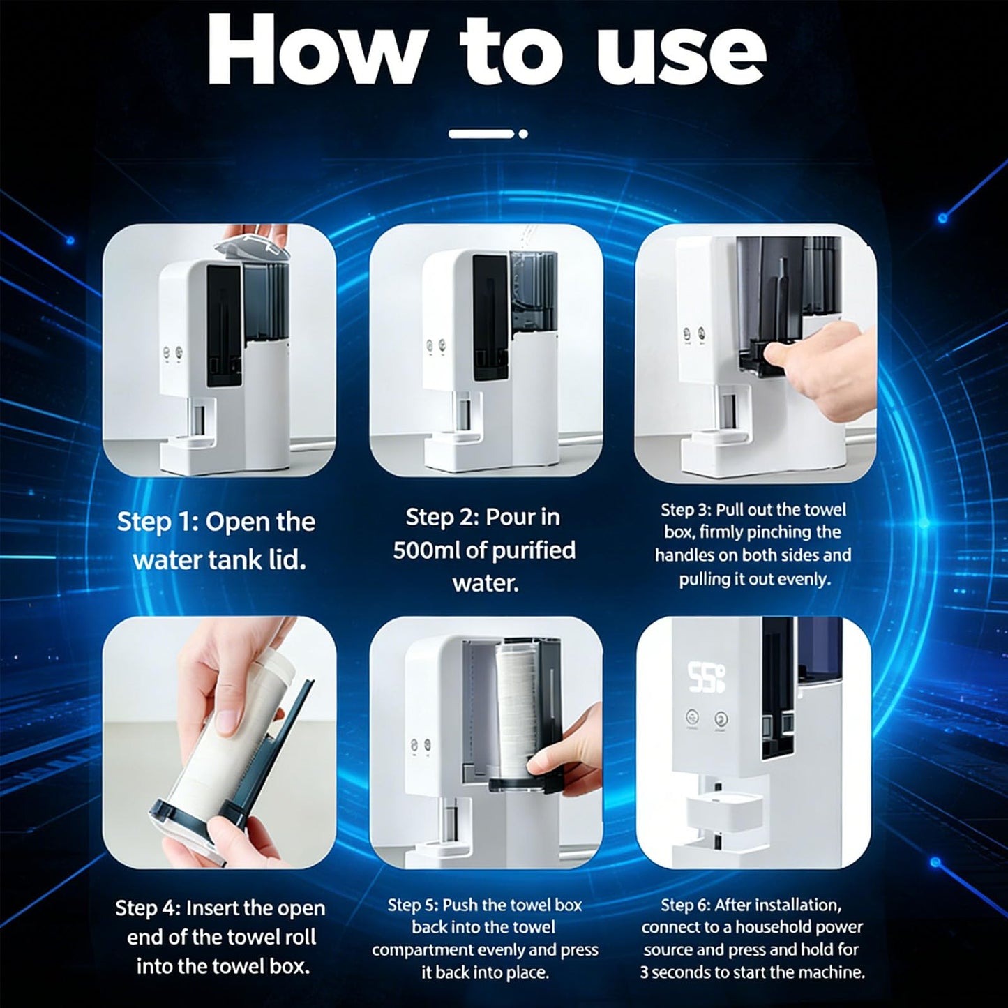 Hot Towel Dispenser for Face & Bathroom, Automatic Hot Towel Heater Machine, 5-Second Warm Moist Towels, Safe 131°F Temperature, Includes 100 Disposable Towels for Skincare & Home Spa